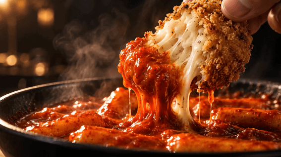 드롭샷매치 포트폴리오 - 모닥키친_매콤크림 떡볶이 & 모짜렐라 감자볼_「쫀득한 다음, 바삭」_AI 제품 씨즐 광고